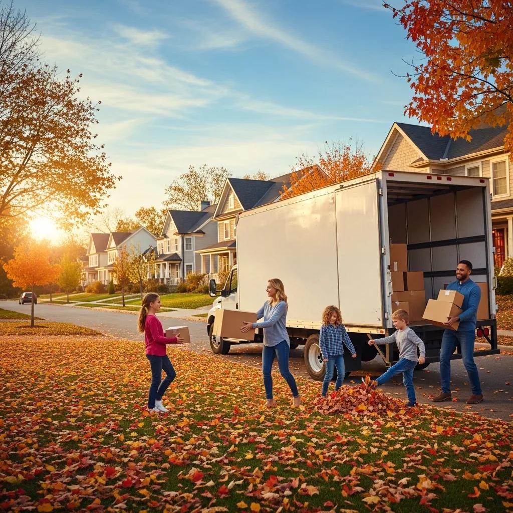 Family unpacking during fall outside their home, showing advantages of moving off-peak