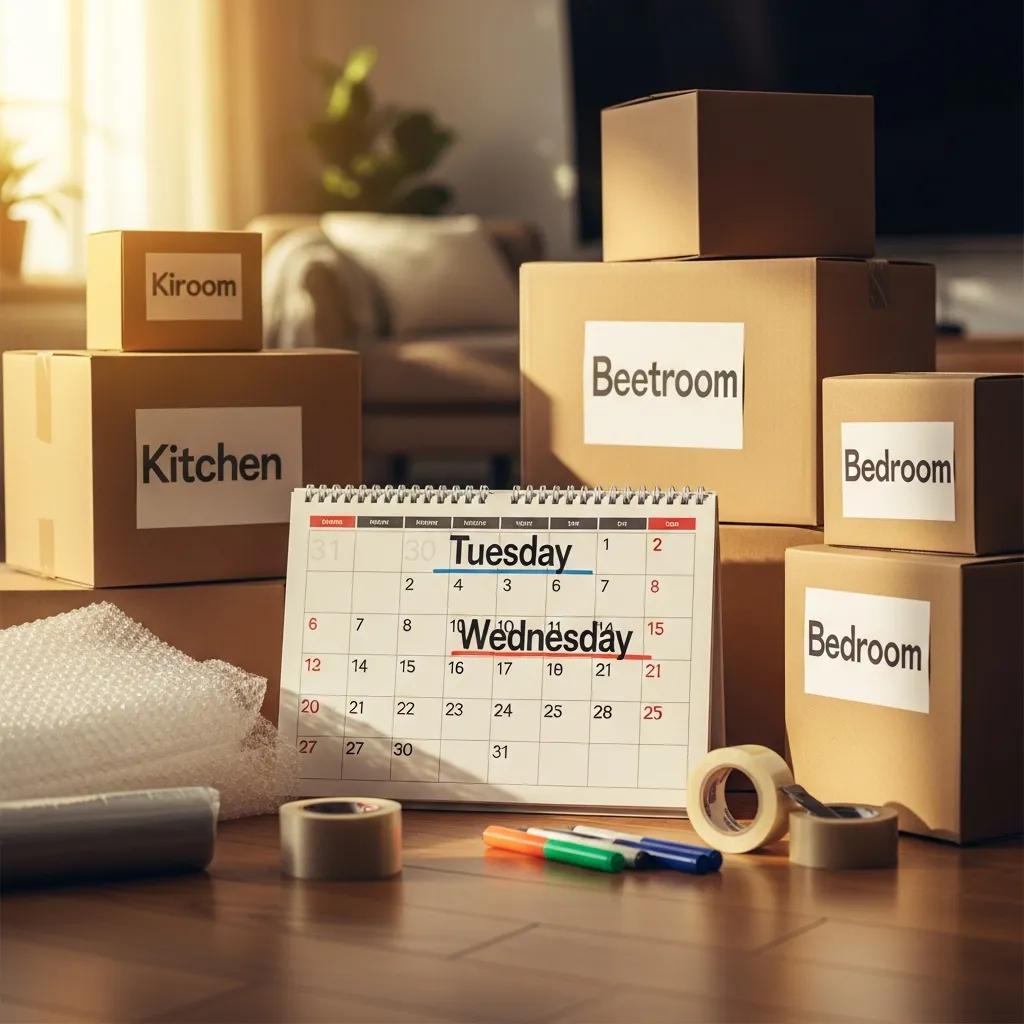 Calendar showing Tuesday and Wednesday highlighted, surrounded by boxes and packing supplies to illustrate cheaper moving days