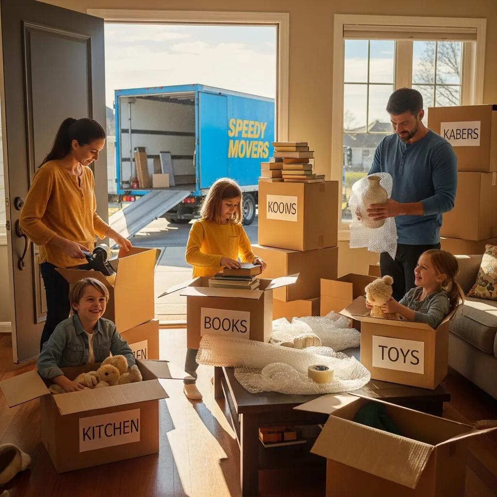 Family getting ready to move with packed boxes and supplies