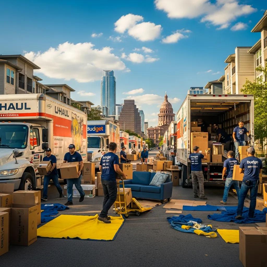 Busy Austin moving scene during peak season with multiple trucks and movers