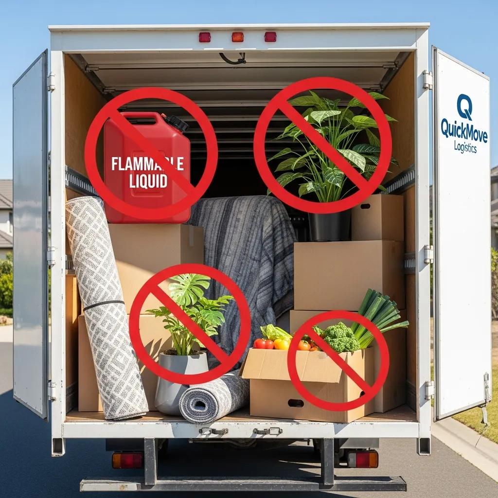 Moving truck showing common prohibited items like fuel containers and potted plants
