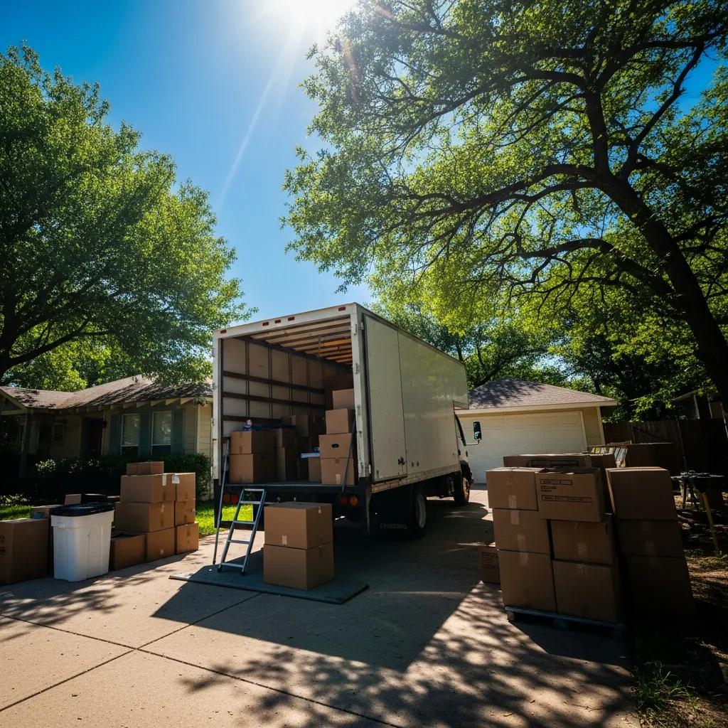 Moving truck in Austin summer heat with boxes outside a house