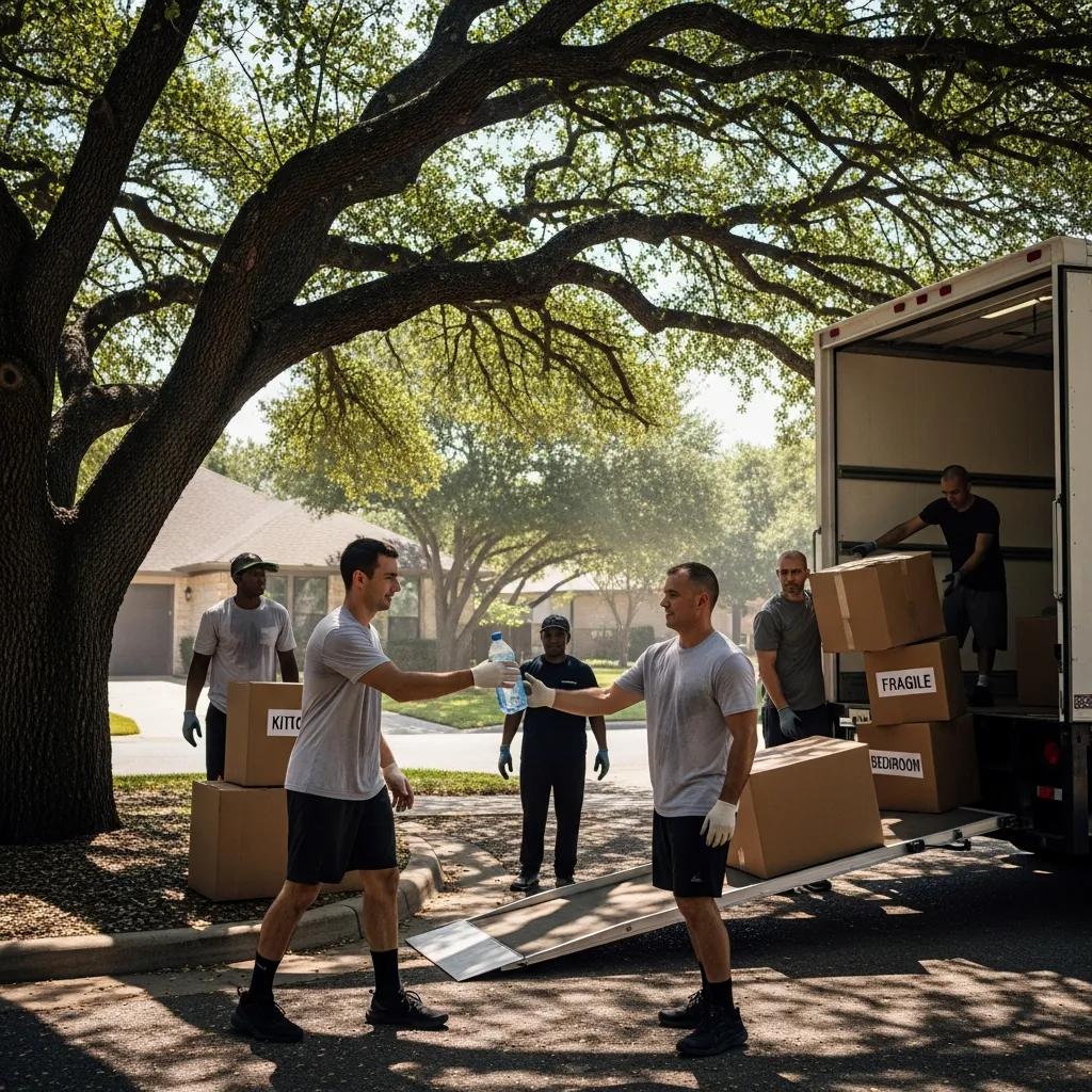 Moving crew staying hydrated and shaded during a hot summer day