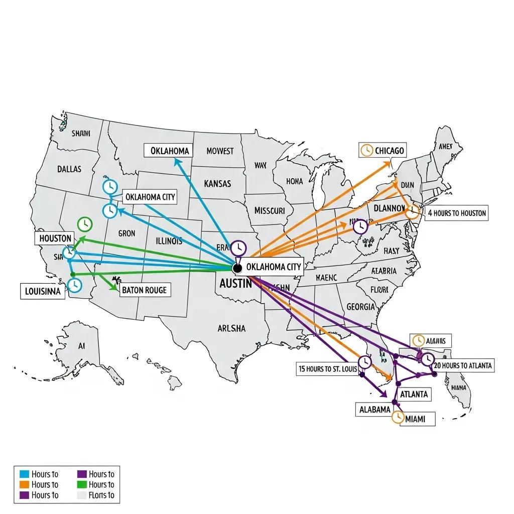 Route map showing common interstate timelines from Austin to popular destinations
