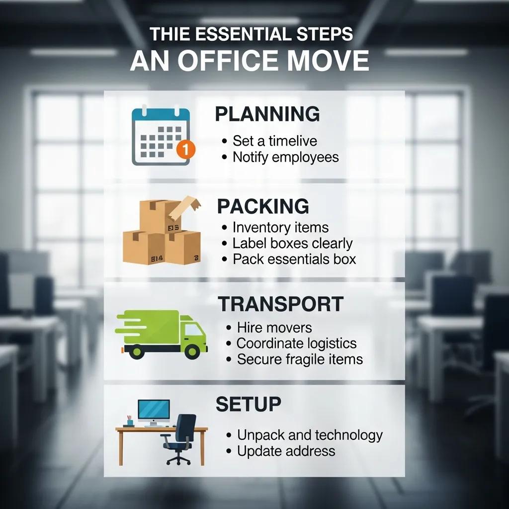 Graphic showing planning, packing, transport and setup steps for an office move