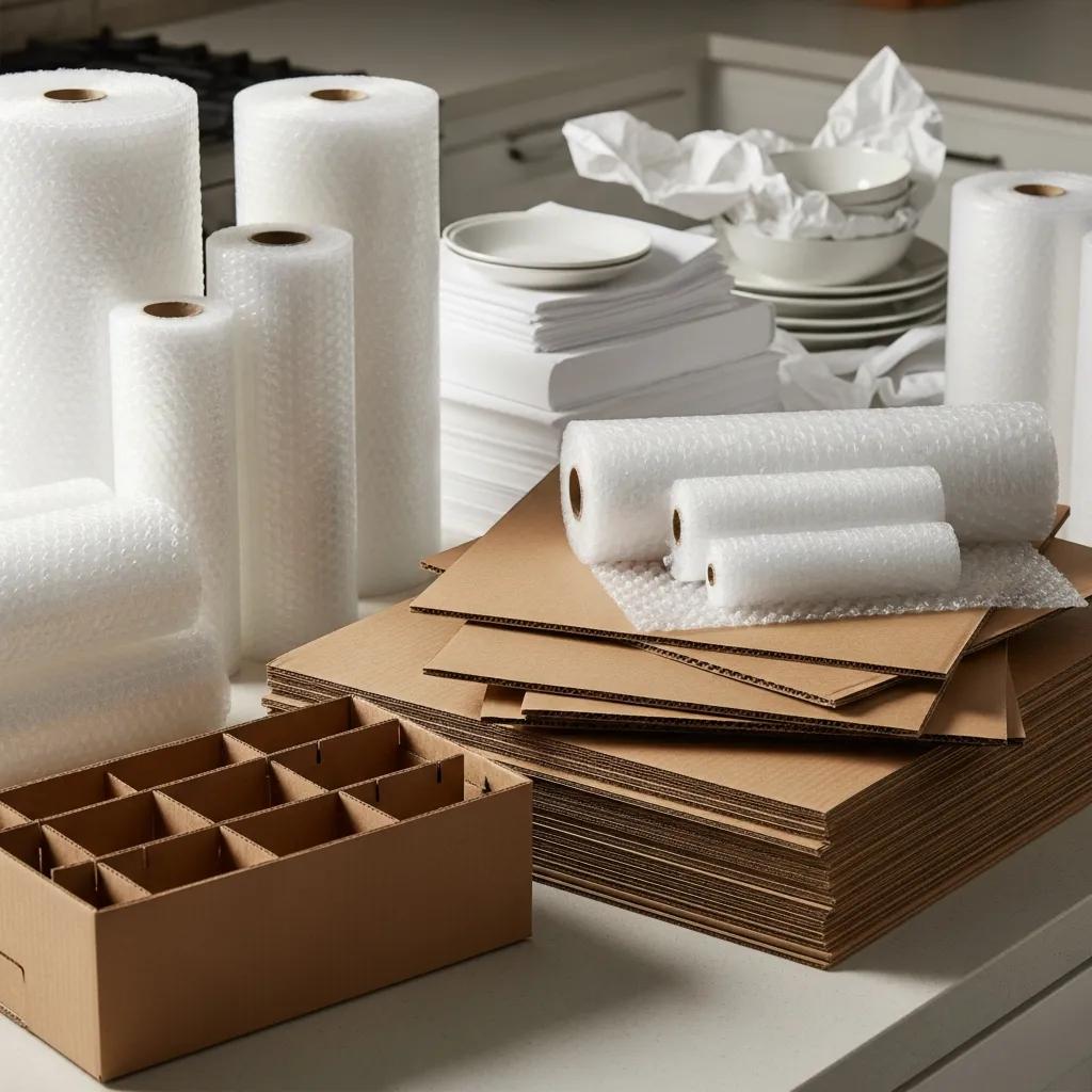 Bubble wrap, dish pack boxes, and packing paper staged to protect kitchenware