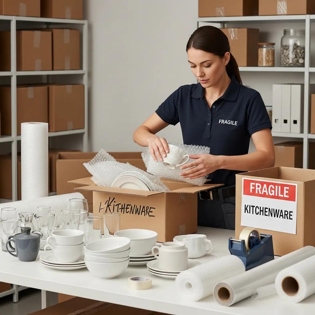 Mover demonstrating careful packing techniques for fragile kitchen items