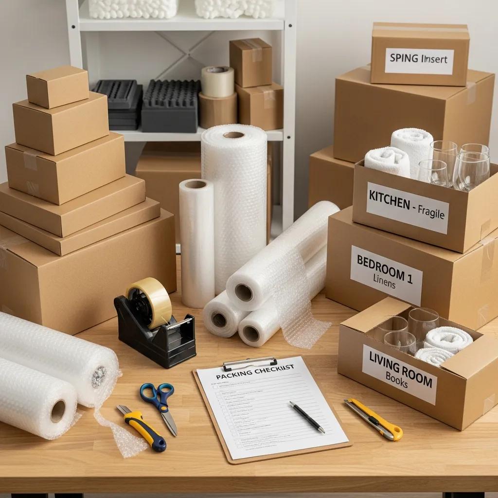Organized packing station with boxes, labels, and protective materials