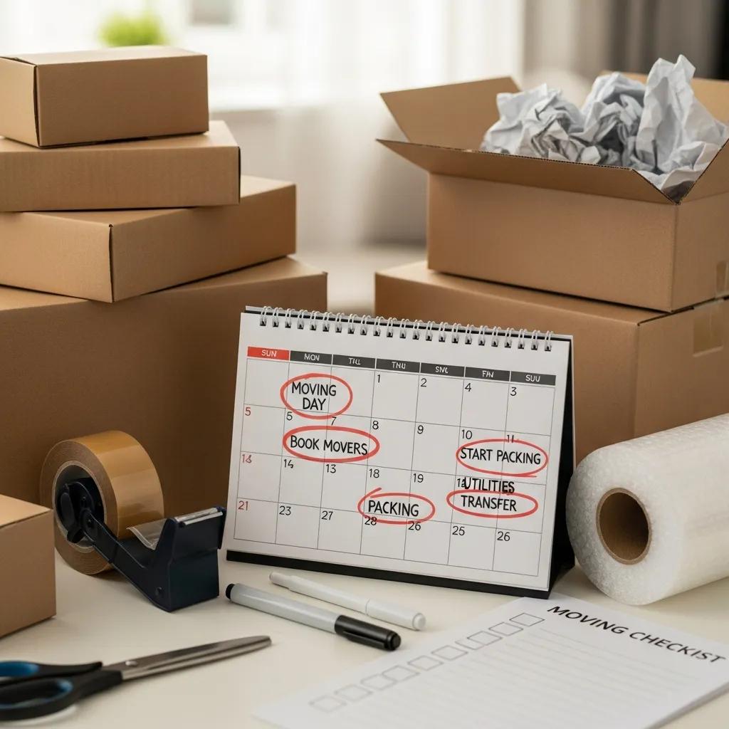 Marked calendar and packing supplies on a table, highlighting planning and booking dates