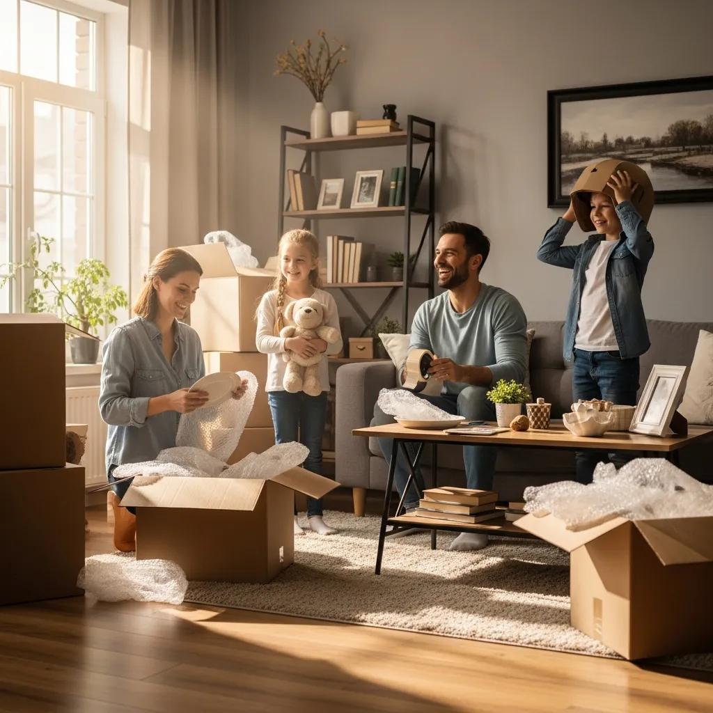 Austin family packing boxes in a bright, organized living room — friendly moving day energy