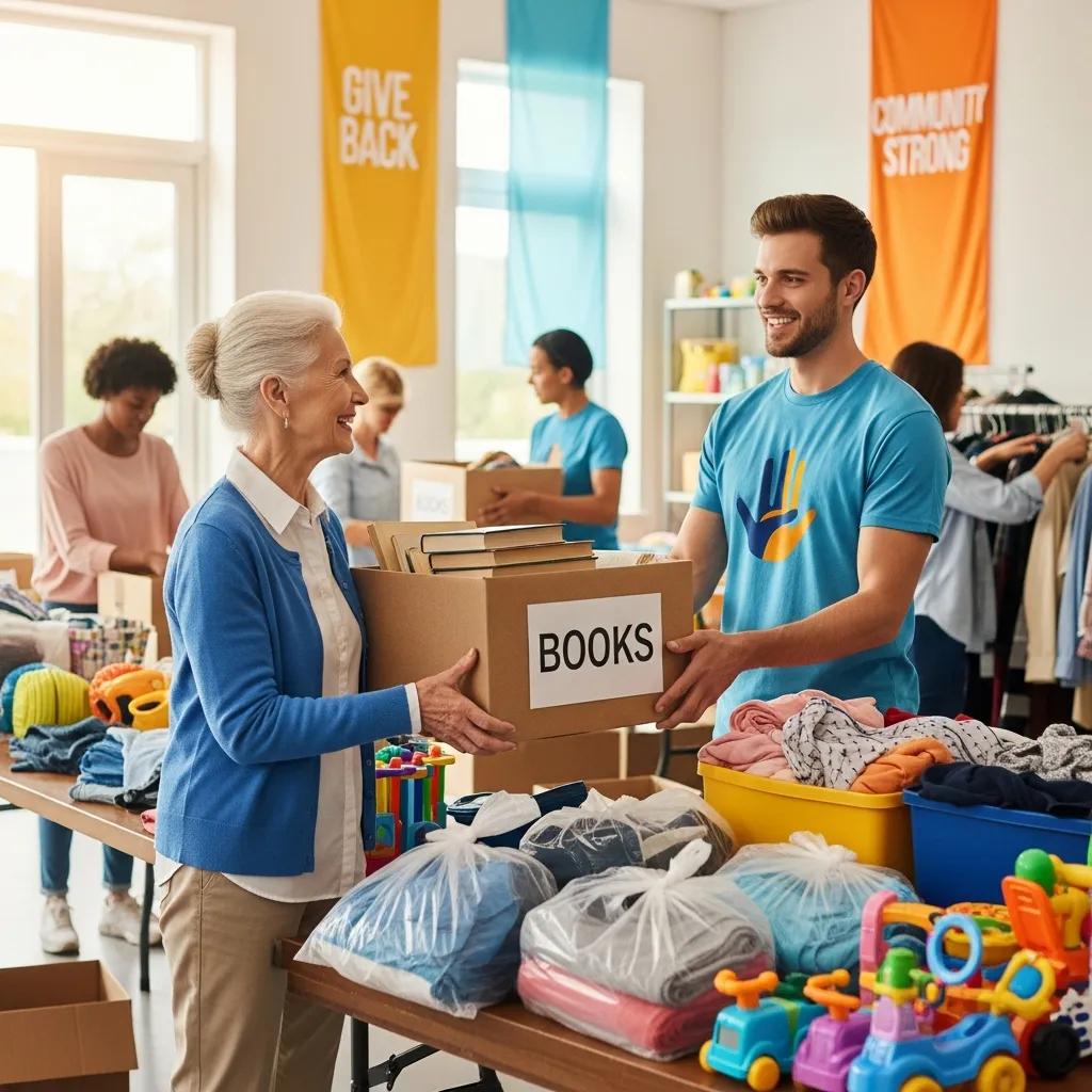 Senior handing donated items to a volunteer with Mountain Movers ATX coordinating the pickup
