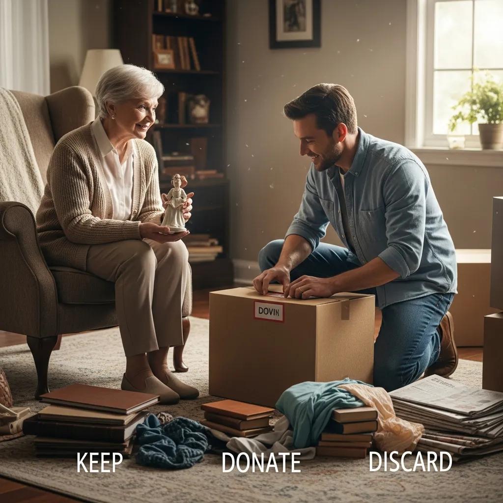 Mover helping a senior sort items during a thoughtful decluttering session