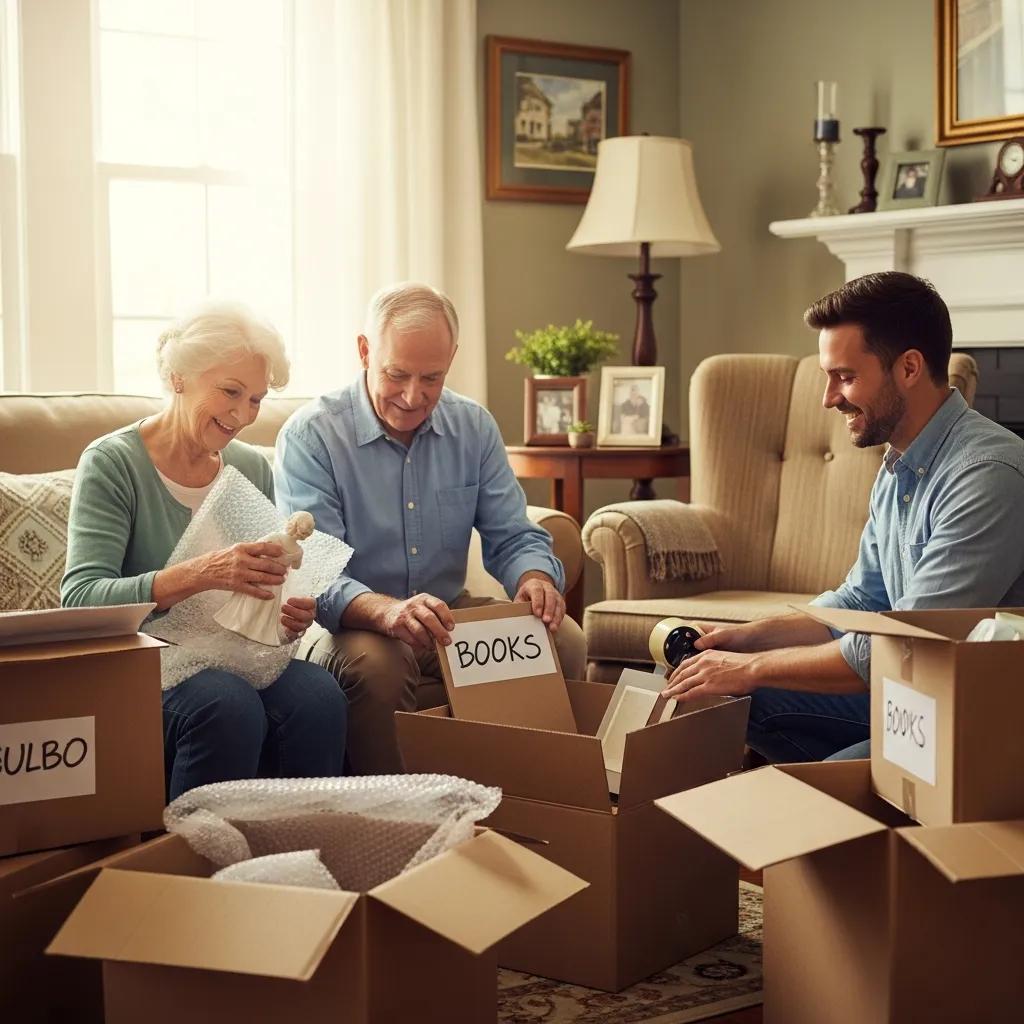 Senior couple packing with a friendly Mountain Movers ATX mover in a comfortable living room
