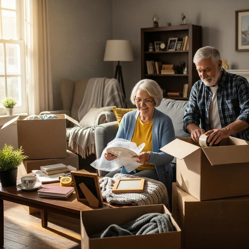 Senior couple packing for a move — gentle, attentive support