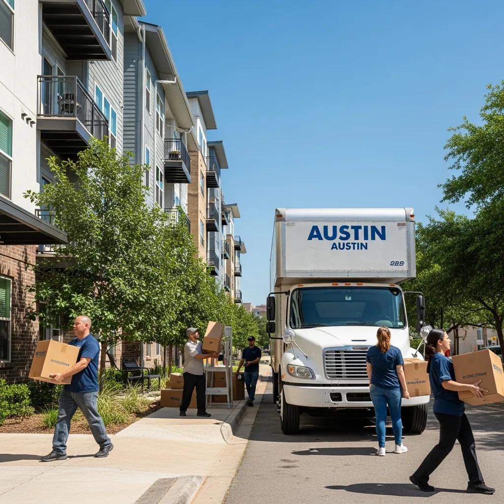 Moving truck parked outside an Austin apartment building on a busy moving day