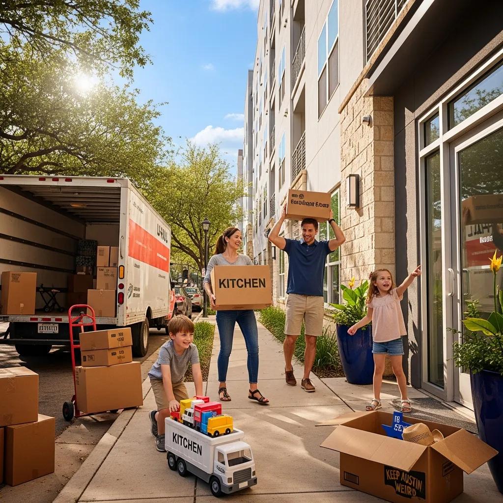 Moving day in Austin — family carrying boxes into an apartment