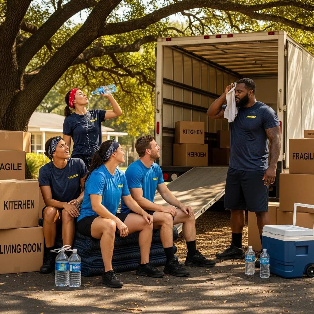 Crew taking a cooling and hydration break during a hot Austin moving day