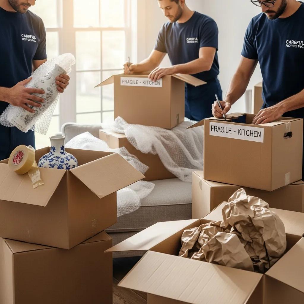 Movers carefully packing household items into boxes, demonstrating professional packing service