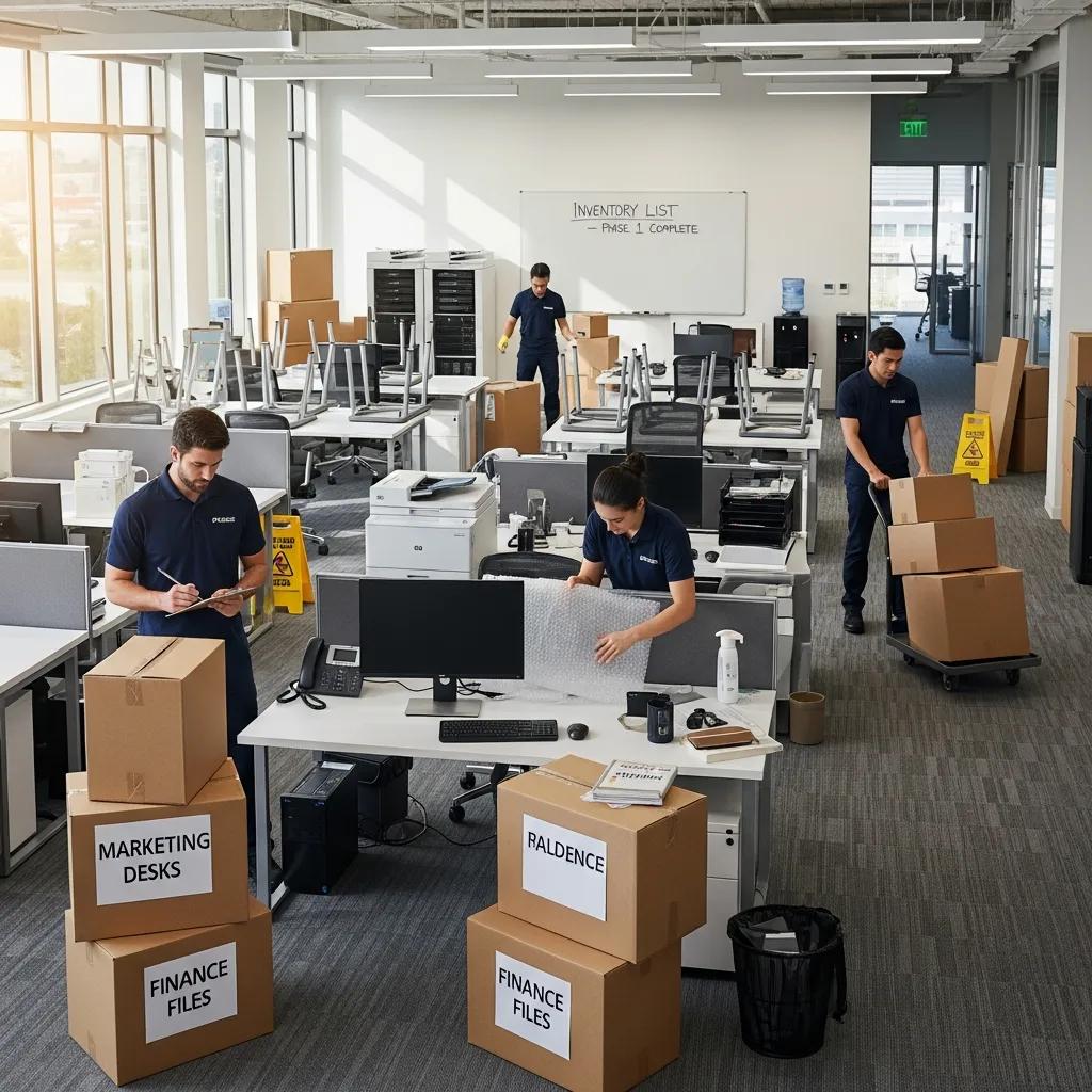 Movers organizing and preparing office inventory before a commercial move