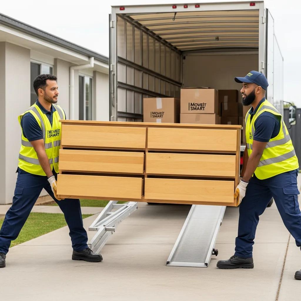 Two movers carrying an empty dresser carefully down a hallway