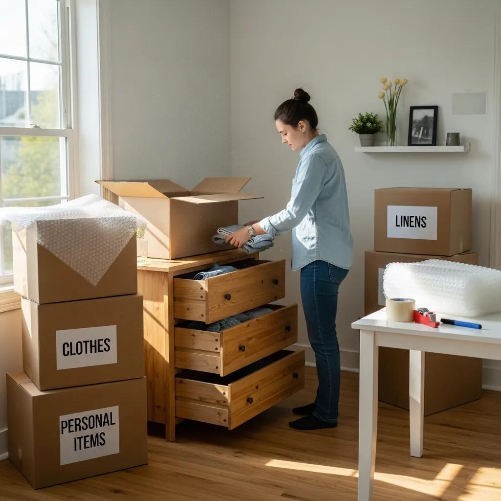 Person sorting clothes and items from a dresser before a move