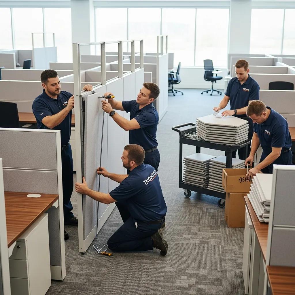Mountain Movers ATX crew disassembling office cubicles in an Austin workspace