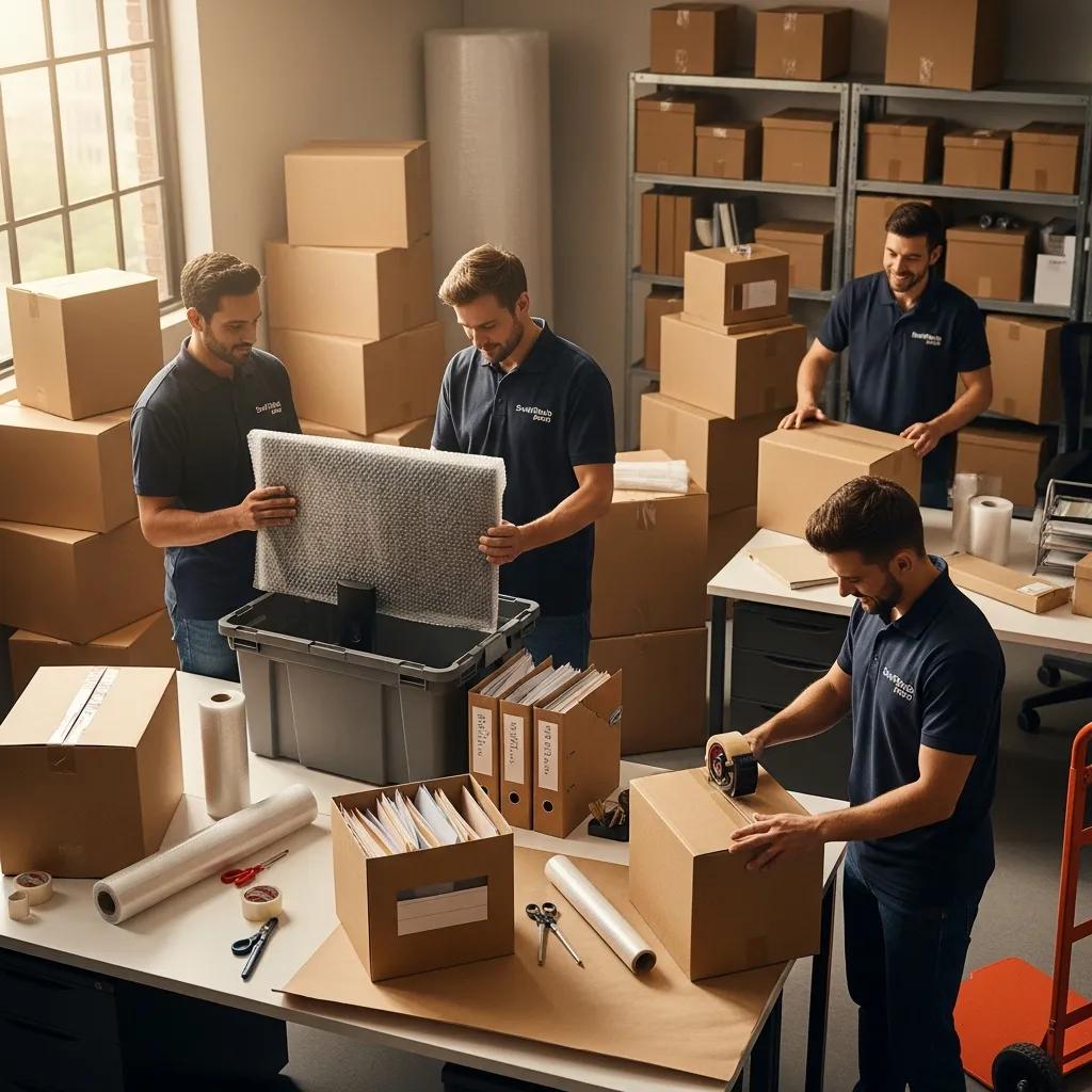 Mountain Movers ATX team packing sensitive electronics and secure documents during an office move