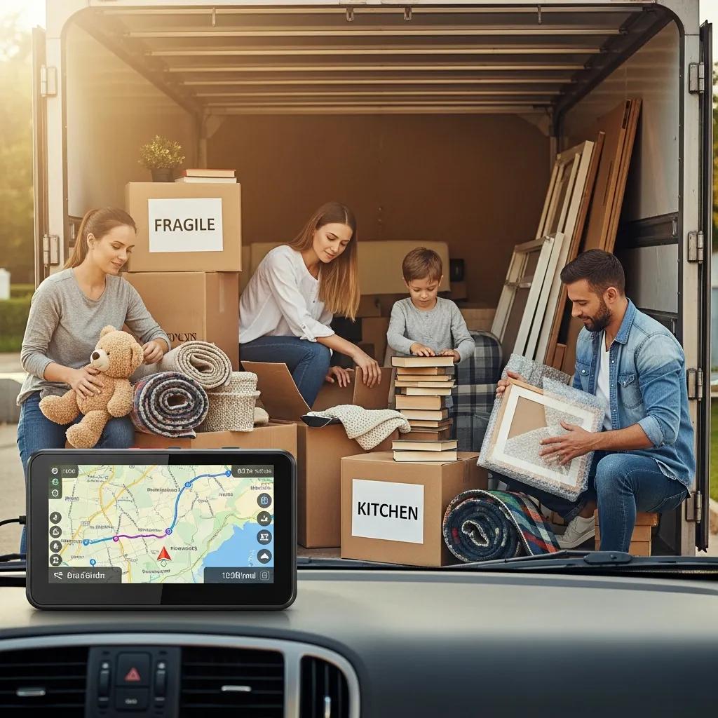 Family loading a moving truck — visual for GPS tracking during a long-distance Austin move
