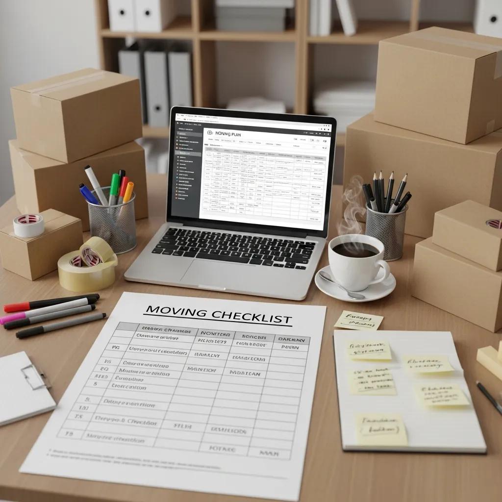 Office moving checklist on a desk with packing supplies and labels