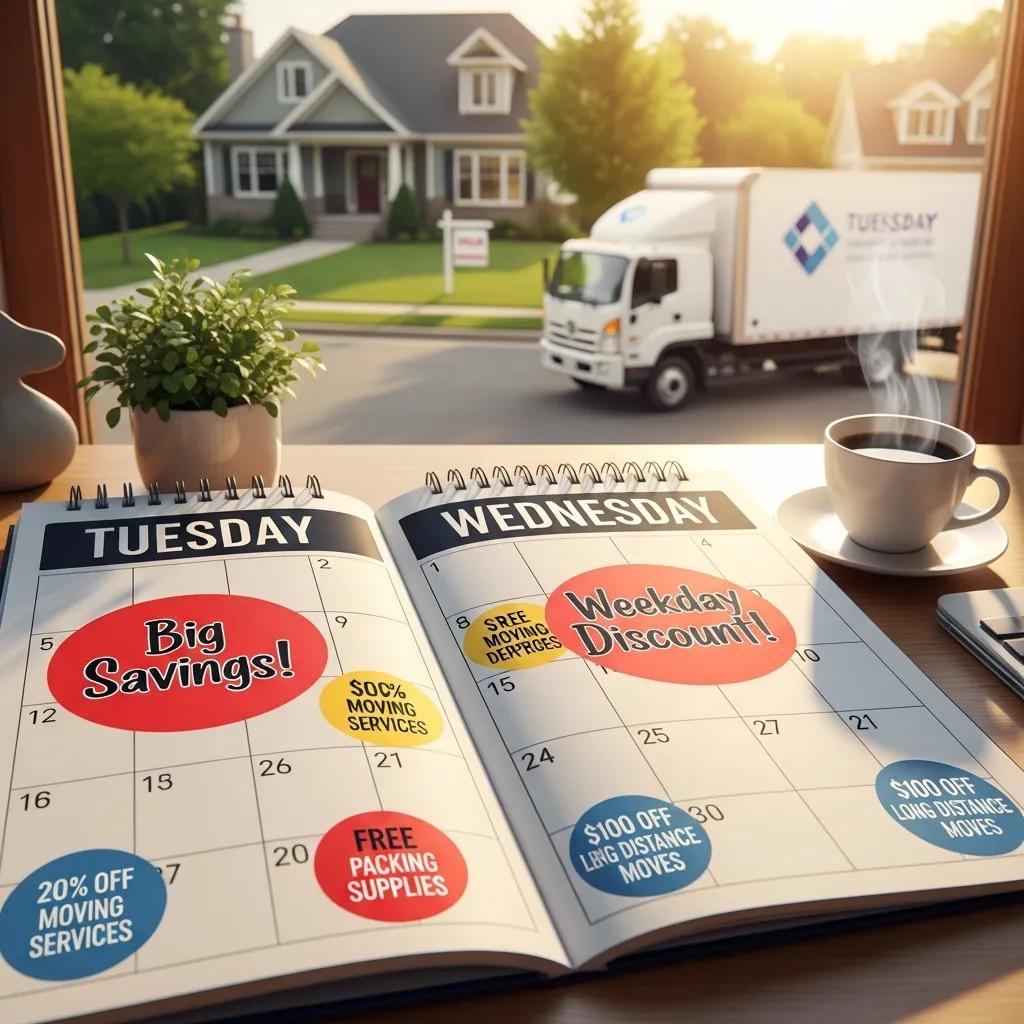 A calendar marked for midweek moving savings beside a moving truck, showing practical cost benefits