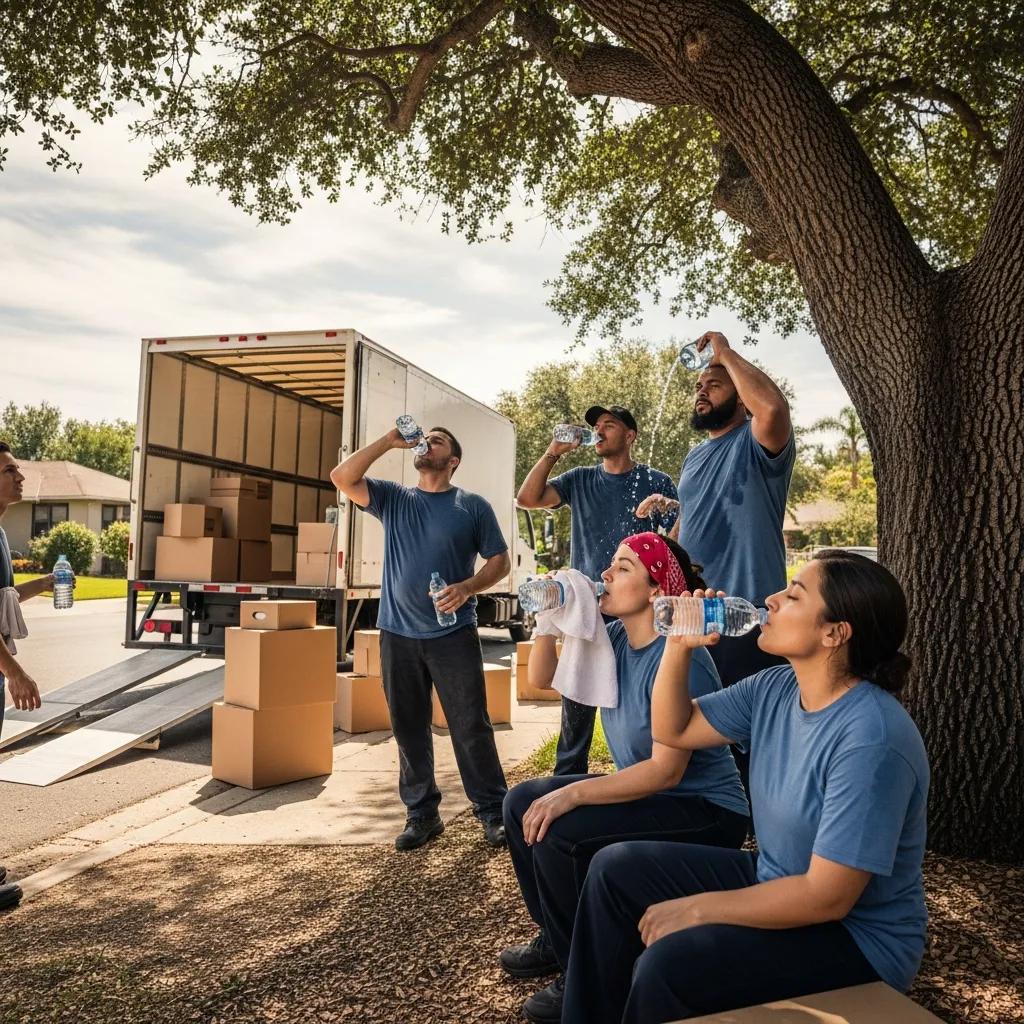 Movers taking a hydration break in the shade during a summer move