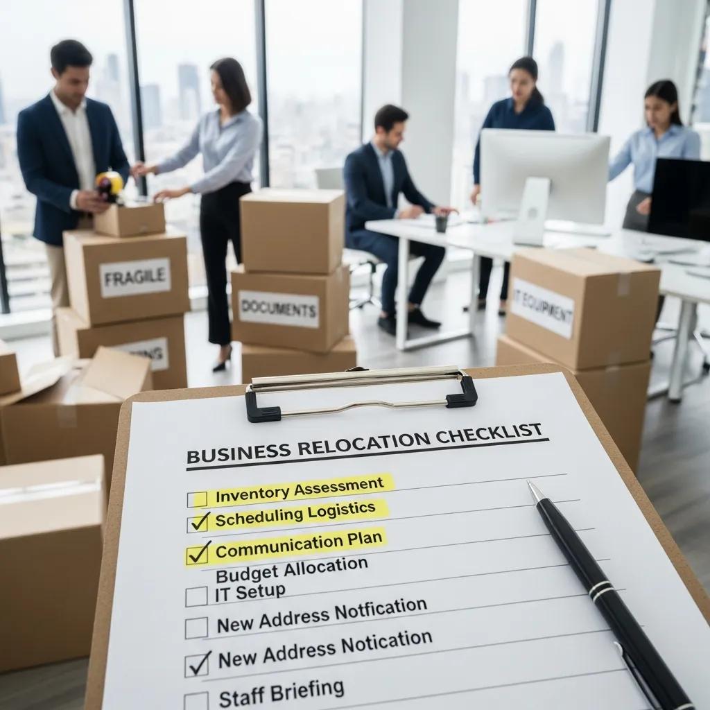 Clipboard with business moving checklist and essential steps
