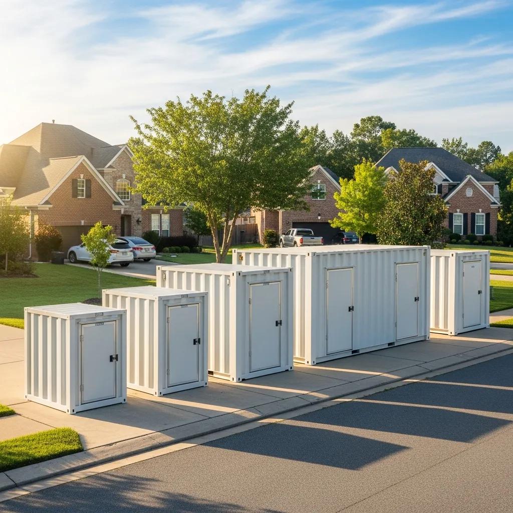 Different sizes of portable storage containers in a suburban setting, highlighting rental costs and options