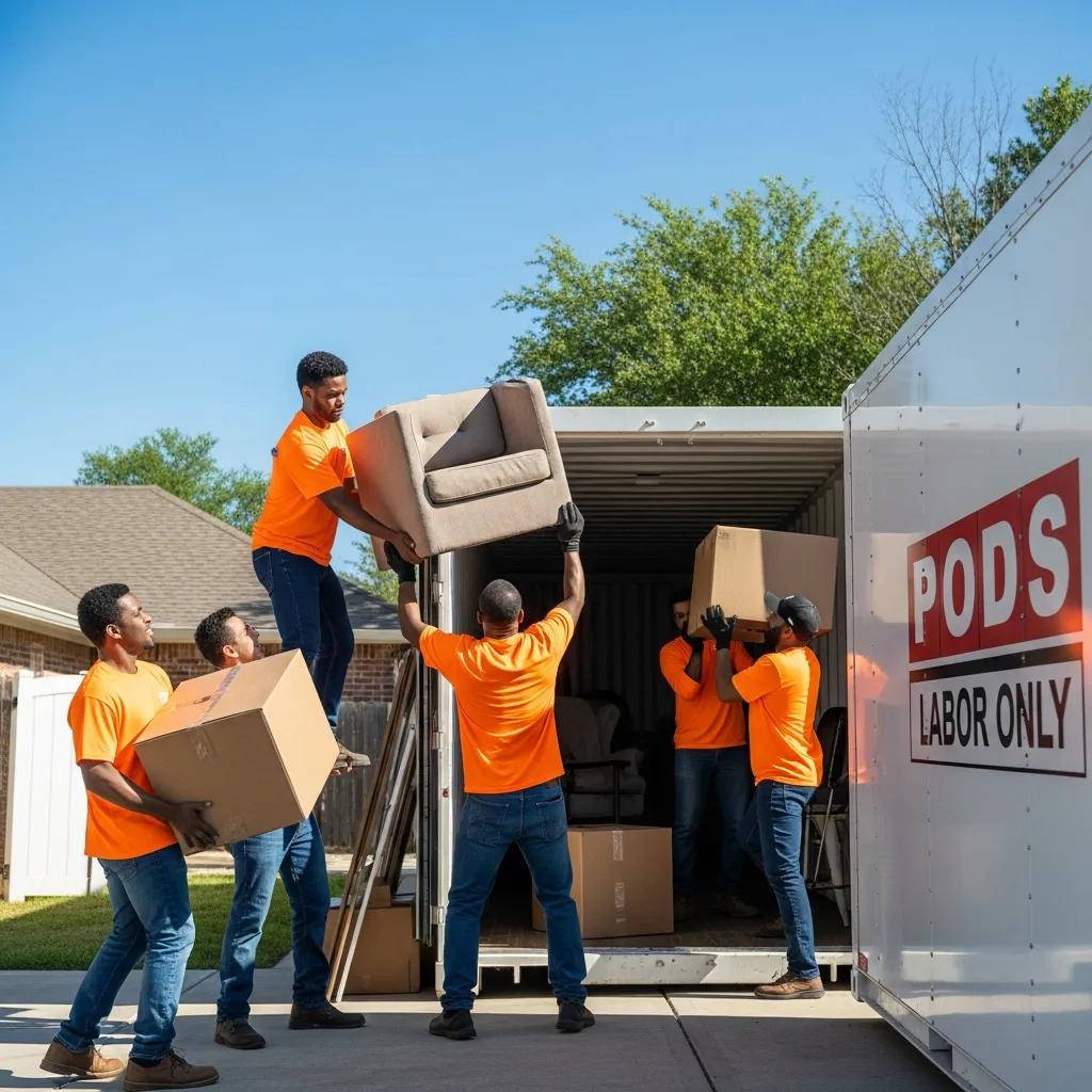 Labor-only movers loading a PODS container in Austin, showcasing teamwork and efficiency
