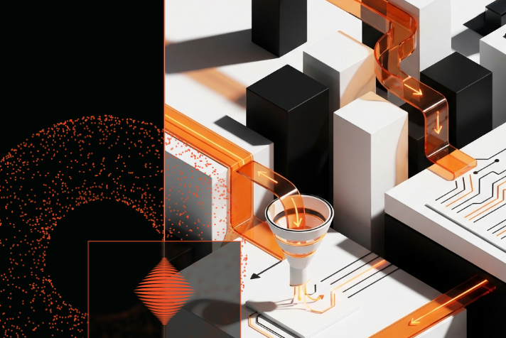 Abstract editorial illustration of fintech lead flow in orange, black, and white minimalist style.