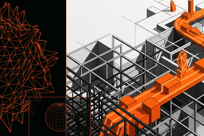 Editorial illustration of digital independence featuring minimalist black, white, and orange geometric design elements.