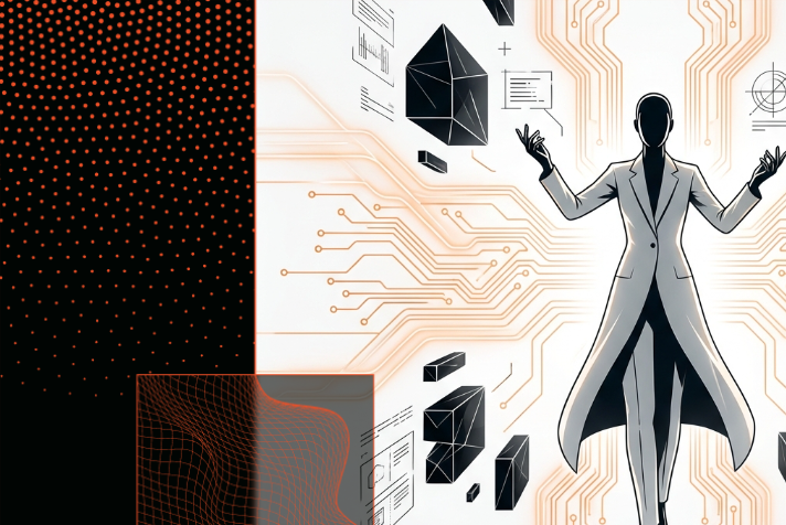 Minimalist human figure centered amidst glowing orange data streams and black mechanical elements on white.