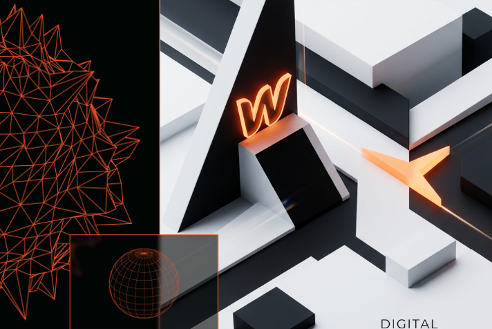 Editorial illustration comparing Webflow and WordPress logos in a minimalist orange, black, and white style.