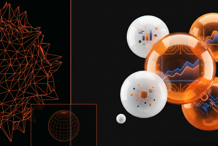 Abstract 3D editorial illustration featuring orange and white data bubbles representing Webflow SEO performance.