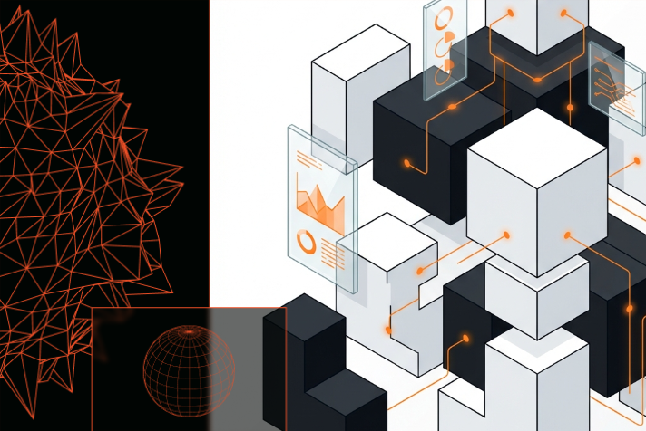 Abstract 3D modular components in orange, black, and white representing Webflow logic and flexibility.