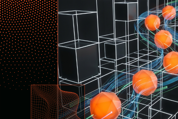 Minimalist abstract illustration of orange AI agents navigating a black and white digital landscape.