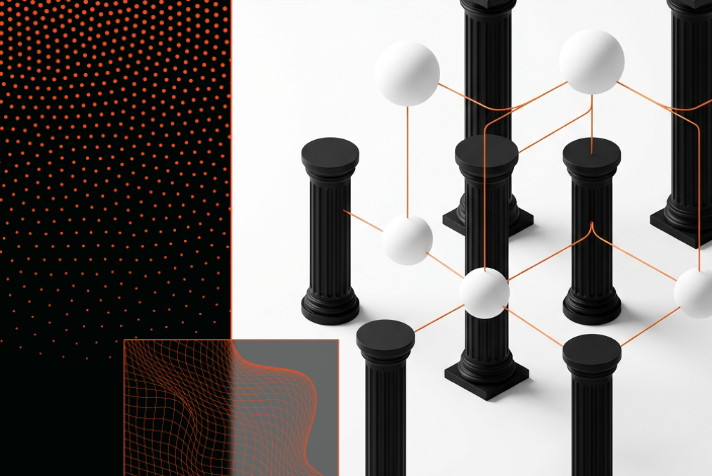Abstract 3D editorial illustration in white, black, and orange representing strategic Webflow SEO optimization.
