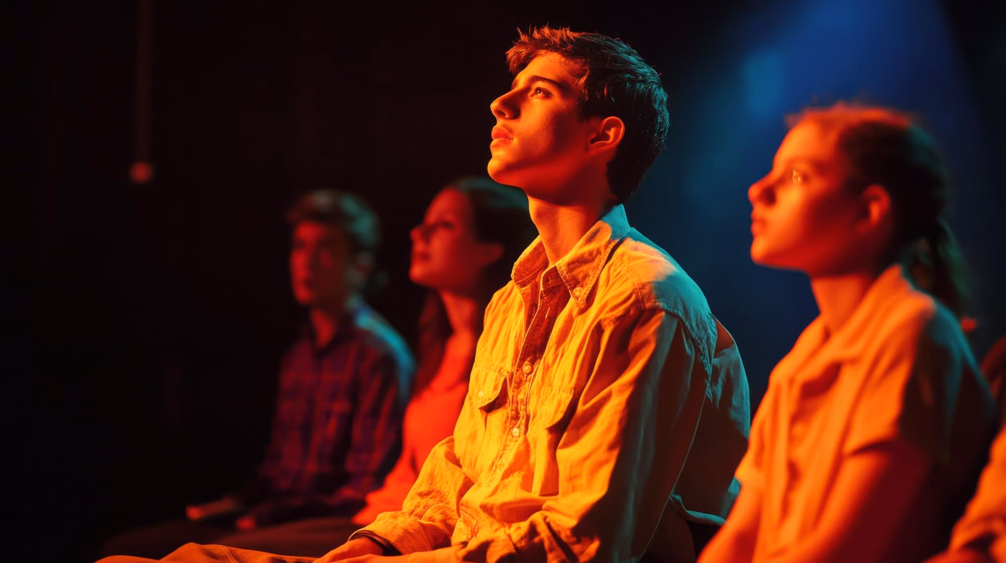 a group of students a watching a video in a room with highly saturated orange, red and blue lighting