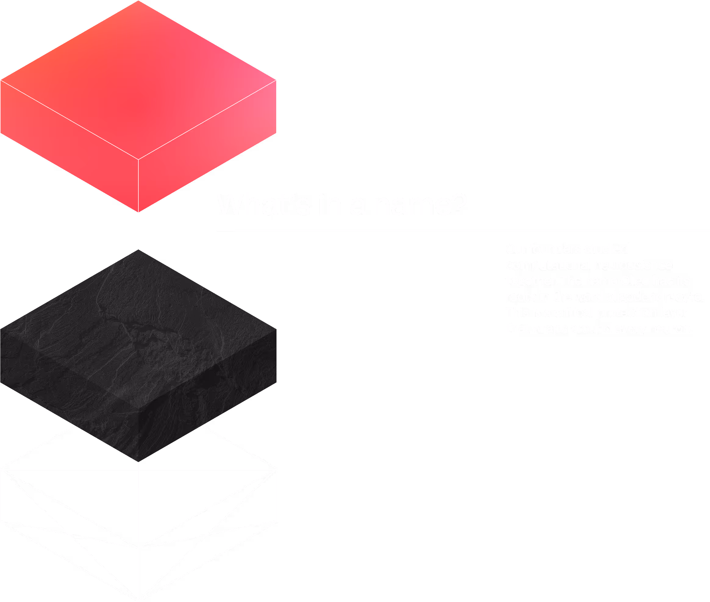 Three stacked cubes in different styles: a solid red cube on top, a textured dark stone cube in the middle, and a wireframe cube at the bottom, with text saying 'What’s in a name?' and explaining the origin of the name Oligo from oligodendrocyte in computational neuroscience.