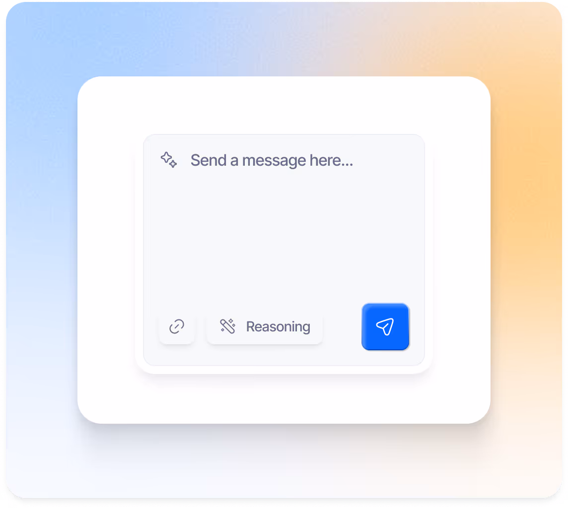 Chat input box with placeholder text 'Send a message here...', a Reasoning mode button, and a blue send button with paper plane icon.