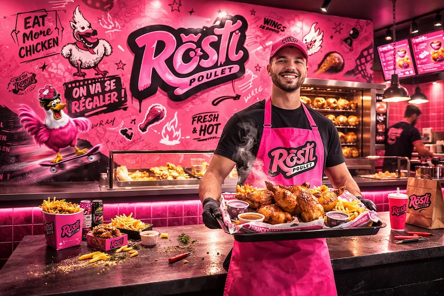 Cuisinier Rosti Poulet avec tablier rose dans une rôtisserie moderne