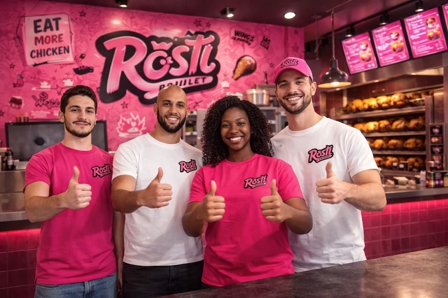 Équipe Rosti Poulet souriante dans la rôtisserie avec les pouces levés
