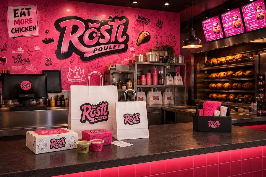 Comptoir de la rôtisserie Rosti Poulet avec commandes à emporter