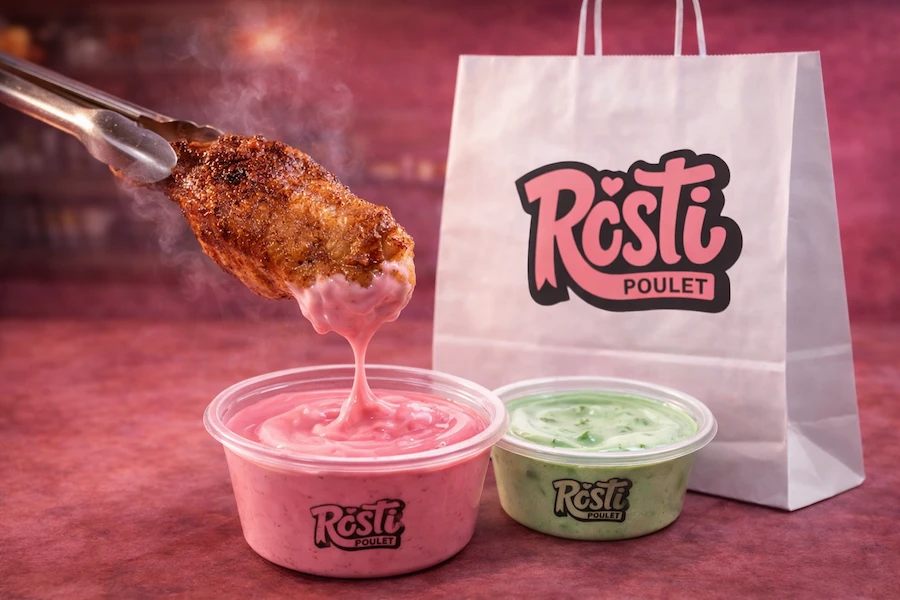 poulet rôti croustillant Rosti Poulet avec sauces verte et rose