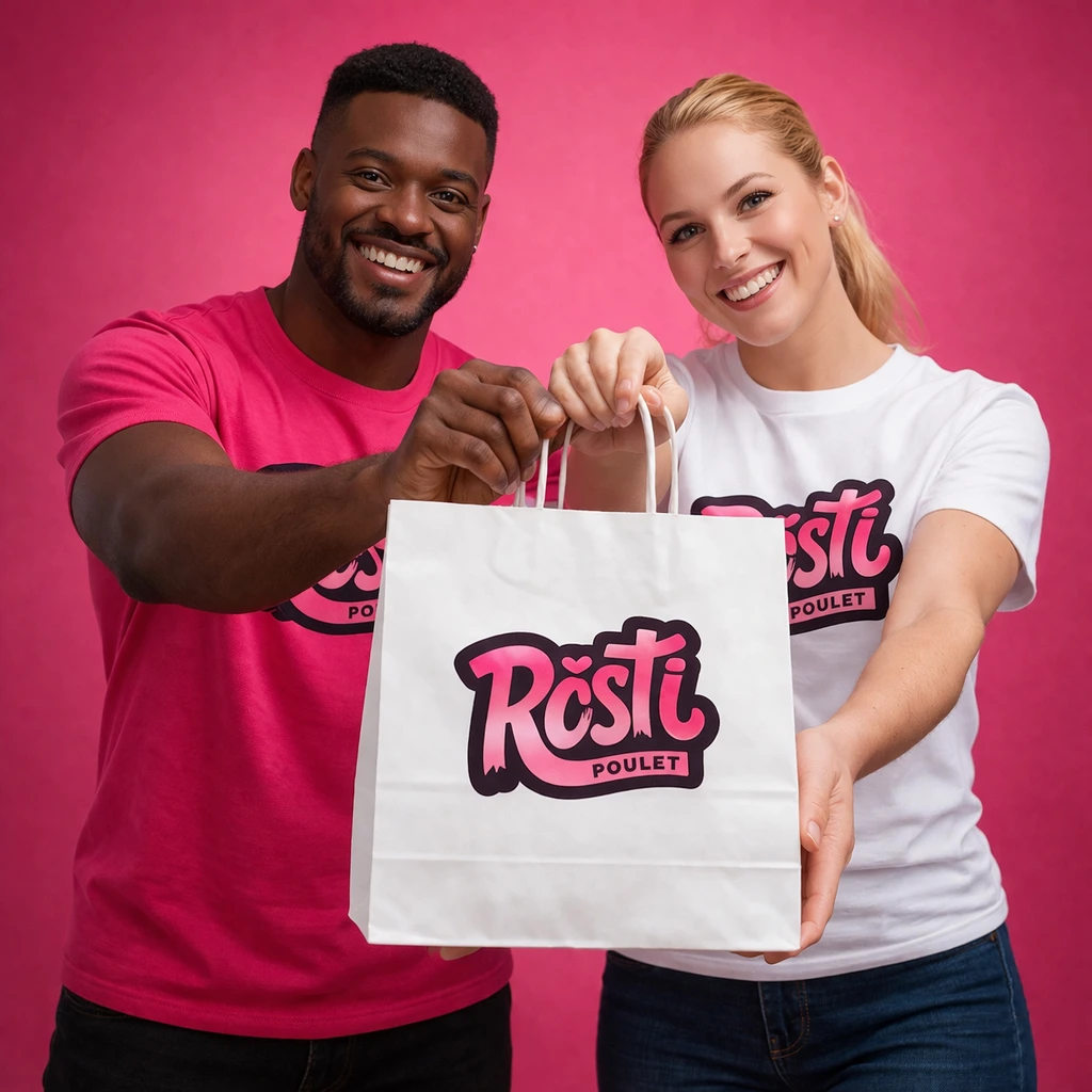 équipe Rosti Poulet remettant un sac à emporter à un client
